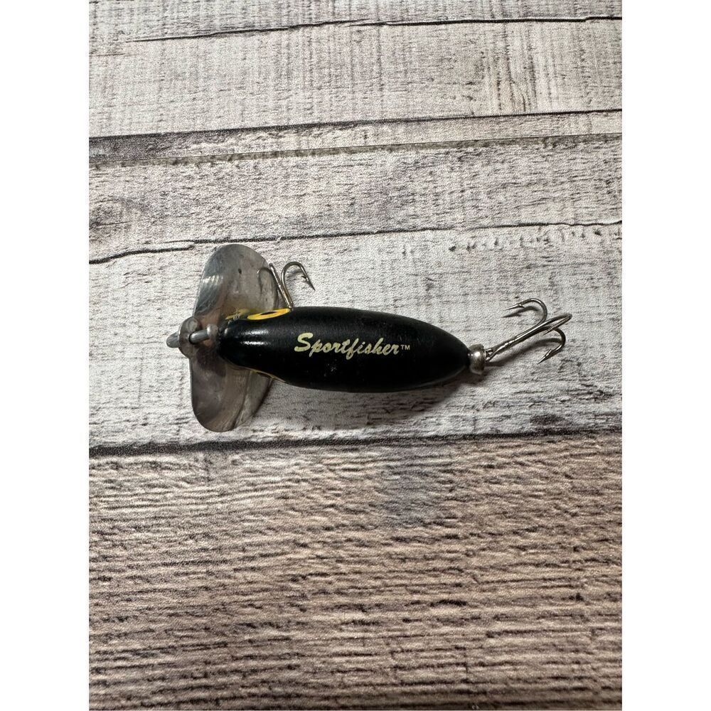 Vintage Topwater Fishing Lure Sportfisher Jitterbug Black Metal Lip Crankbait